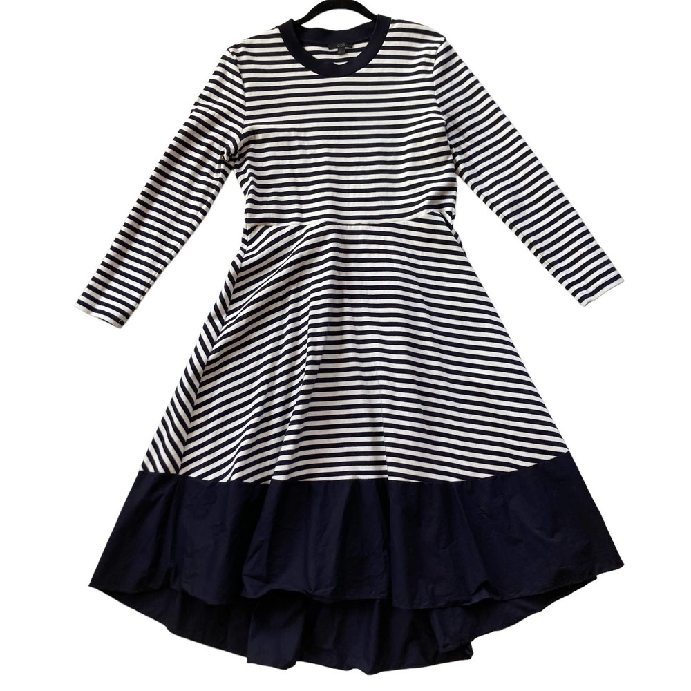 COS Striped Cotton Long Sleeve T-Shirt Dress Size Large Navy White